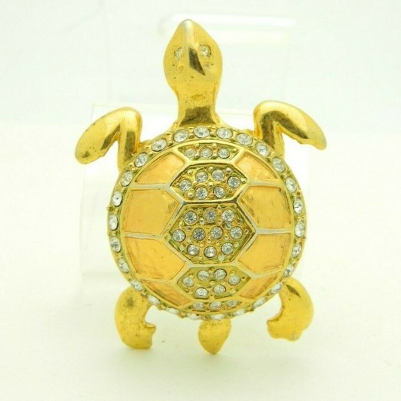 Vintage Jewelry - Clear Rhinestone Turtle Gold Tone Pin Brooch Heavy
